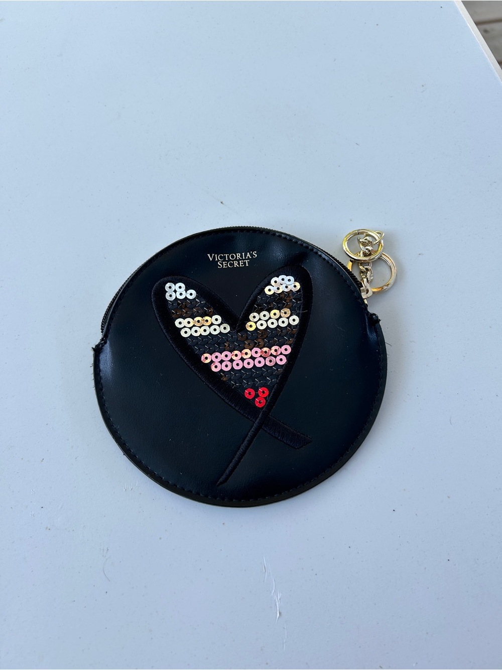 Victoria's Secret Black Sequin Heart Coin Pouch with Gold Hardware